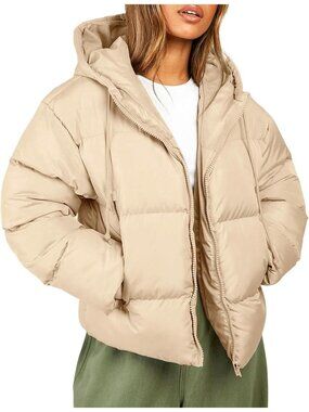 Women's Khaki Adjustable Drawstring Hood Cropped Puffer Jacket Quilted Jackets